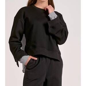 NEW ELAN layered mixed media top in black/blue stripe